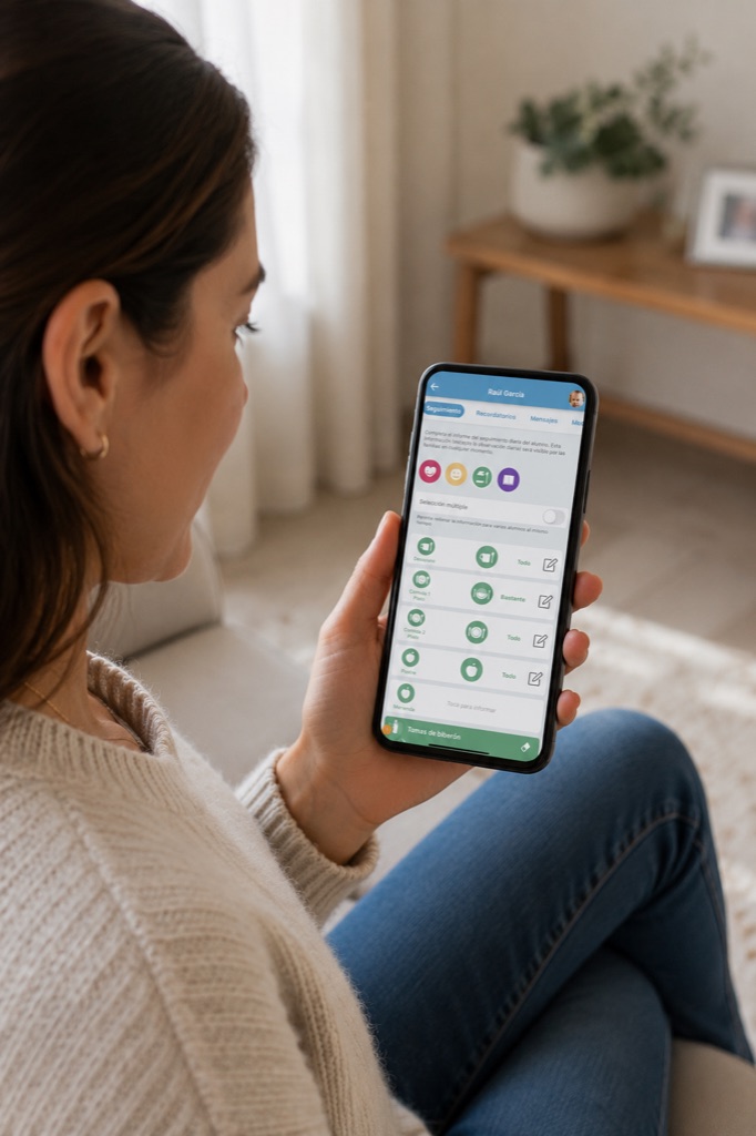 Una familia consulta en el móvil la agenda digital del día: comidas, siesta y observaciones