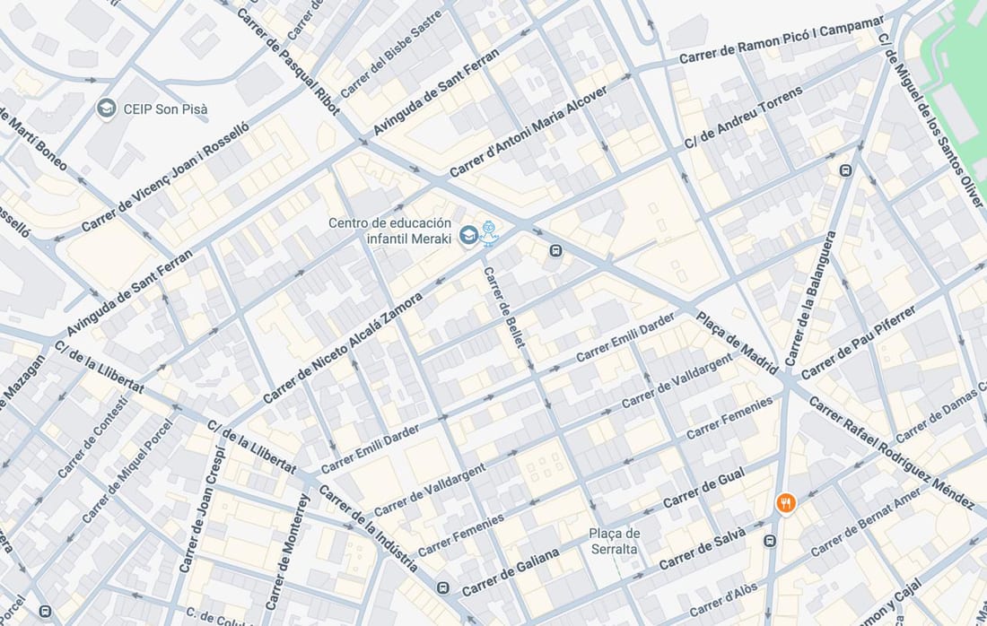 Mapa del barrio con el Centro de educación infantil Meraki señalado en el carrer de Niceto Alcalá Zamora, entre la avinguda de Sant Ferran y el carrer de Bellet, con el CEIP Son Pisà al noroeste y la plaça de Madrid al este