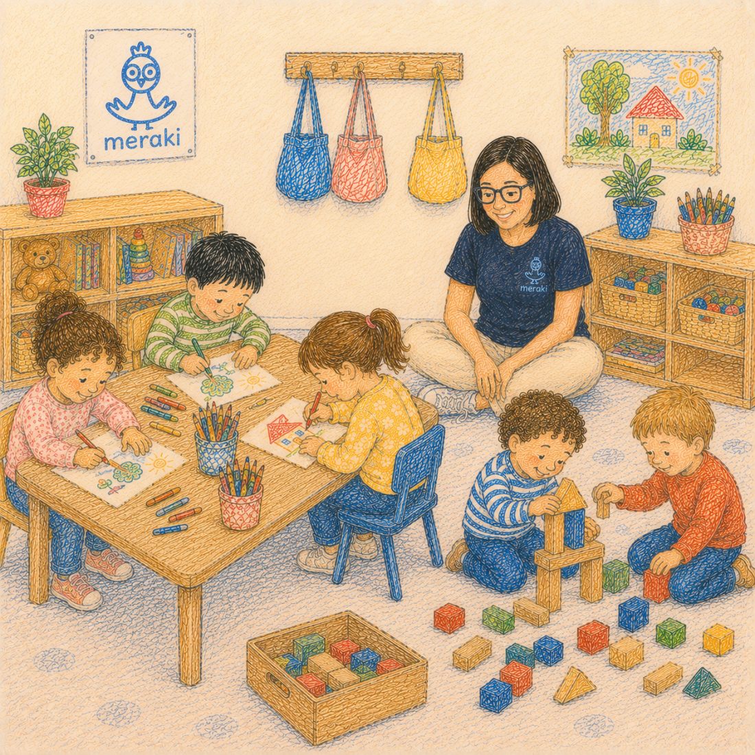 Ilustración a lápiz de color: una educadora sentada con cinco niños que dibujan en una mesa baja y juegan con bloques de madera en el suelo