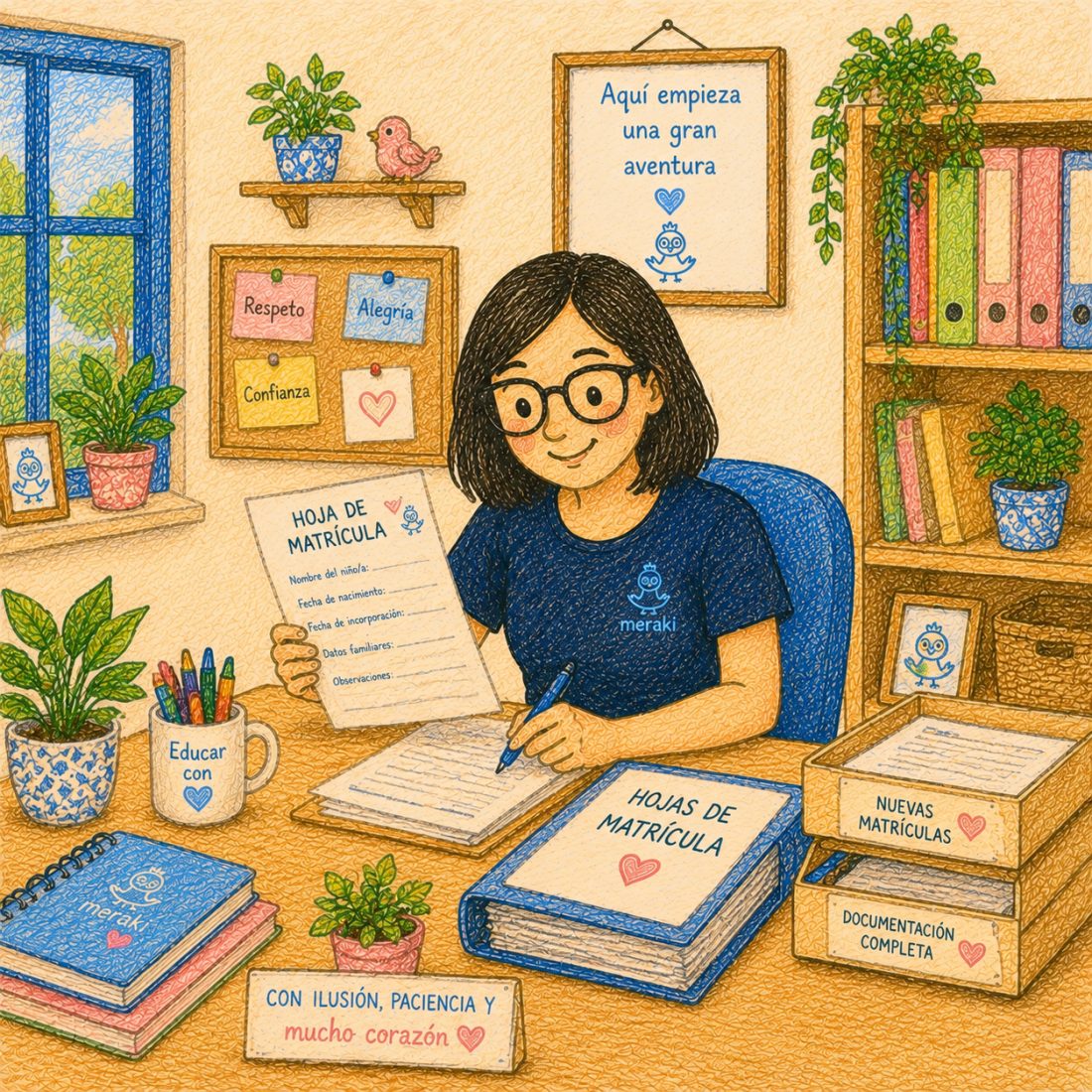 Ilustración del despacho de Meraki: una educadora rellenando una hoja de matrícula, con las carpetas de documentación ordenadas sobre la mesa