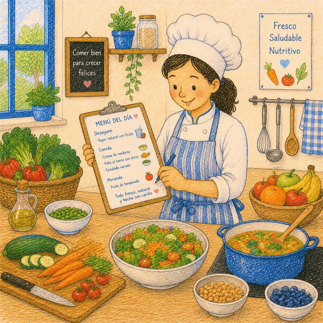 Ilustración de la cocinera de Meraki en la cocina del centro, con verdura fresca, fruta y una olla de crema recién hecha sobre la encimera