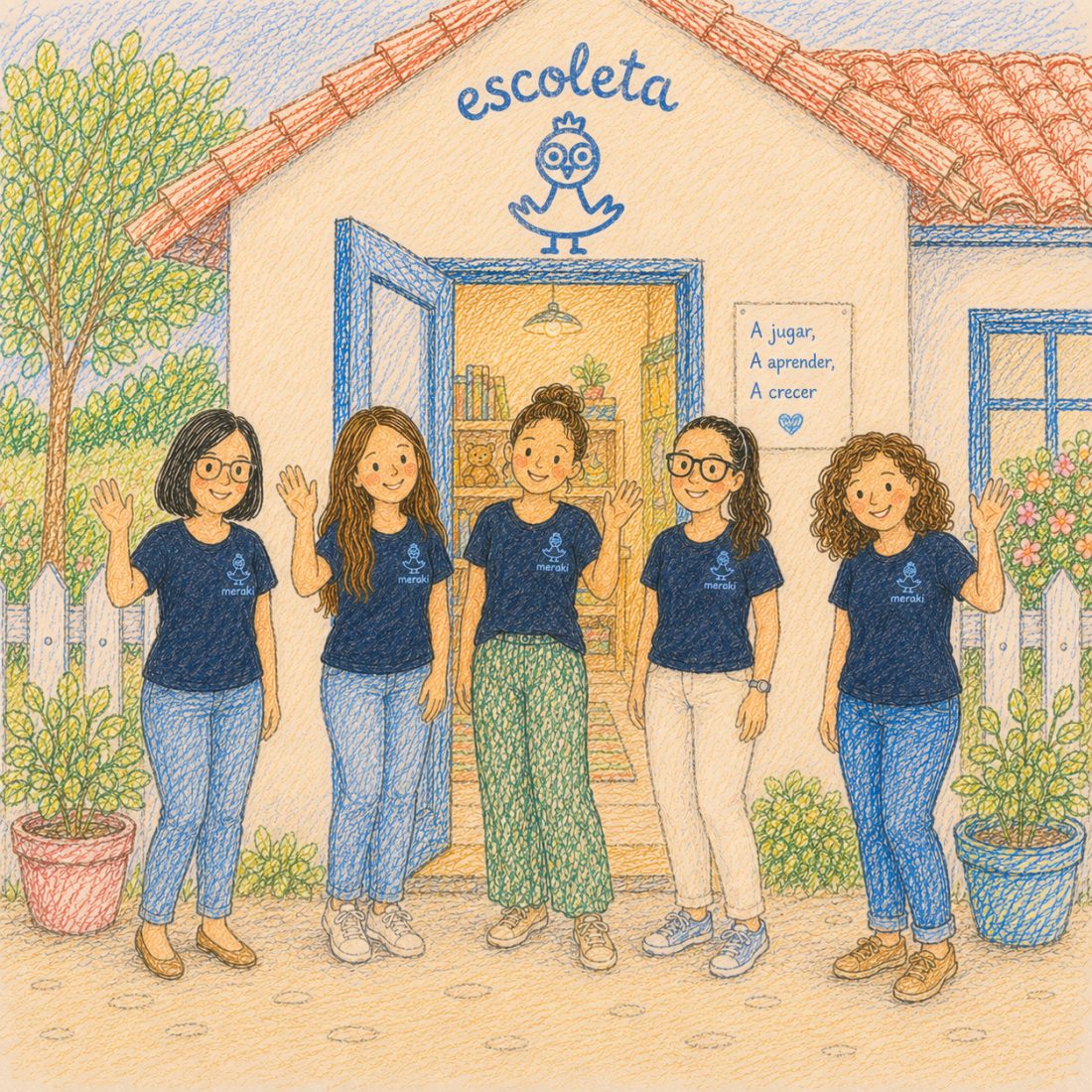Ilustración a lápiz de color: las cinco educadoras de Meraki saludan delante de la puerta abierta del centro, con el jardín a los lados y un rastro de huellas en el suelo