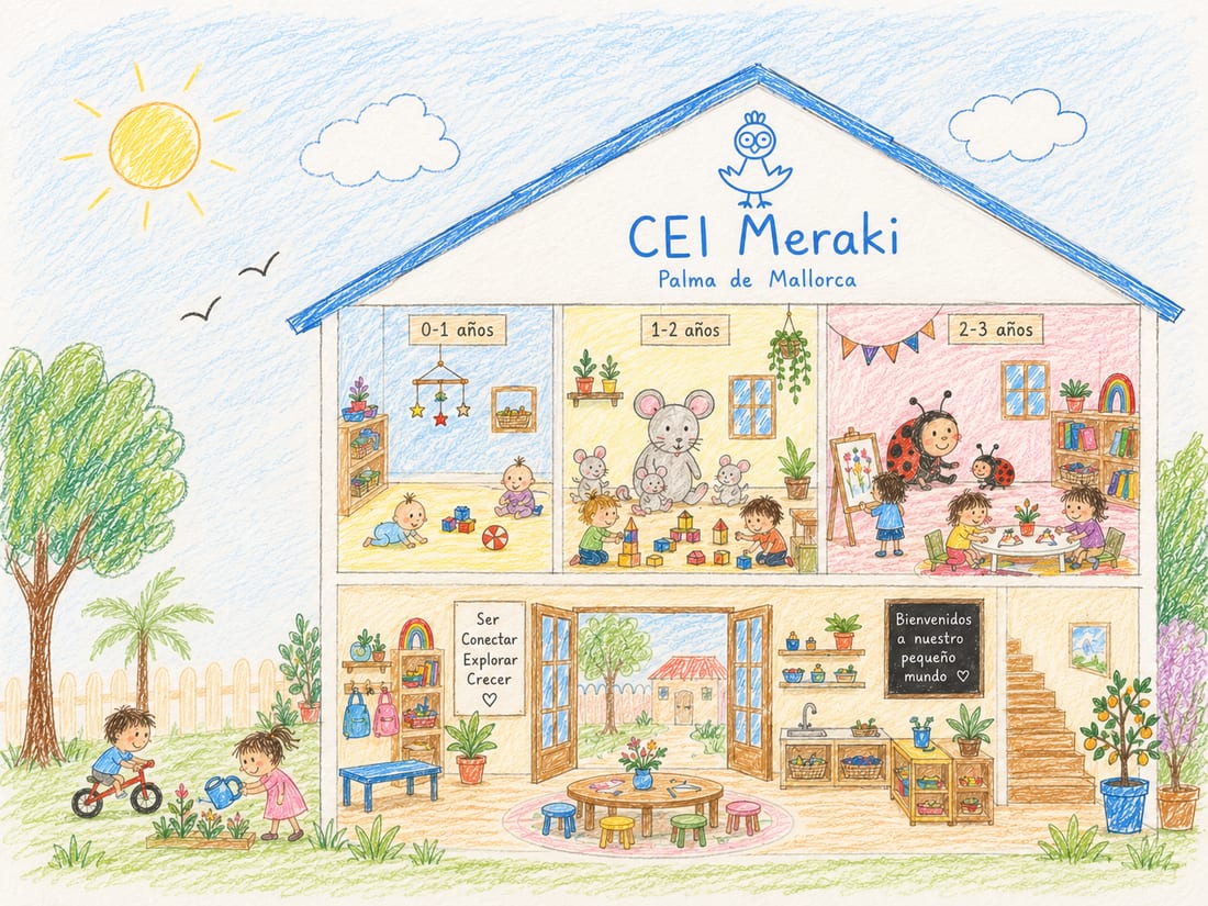 Ilustración de la casa de Meraki vista en sección, rotulada «CEI Meraki · Palma de Mallorca», con las tres aulas señaladas «0-1 años», «1-2 años» y «2-3 años», la planta baja con la cocina y la sala común, y niños jugando en el jardín. Dentro se leen los lemas «Ser, conectar, explorar, crecer» y «Bienvenidos a nuestro pequeño mundo»