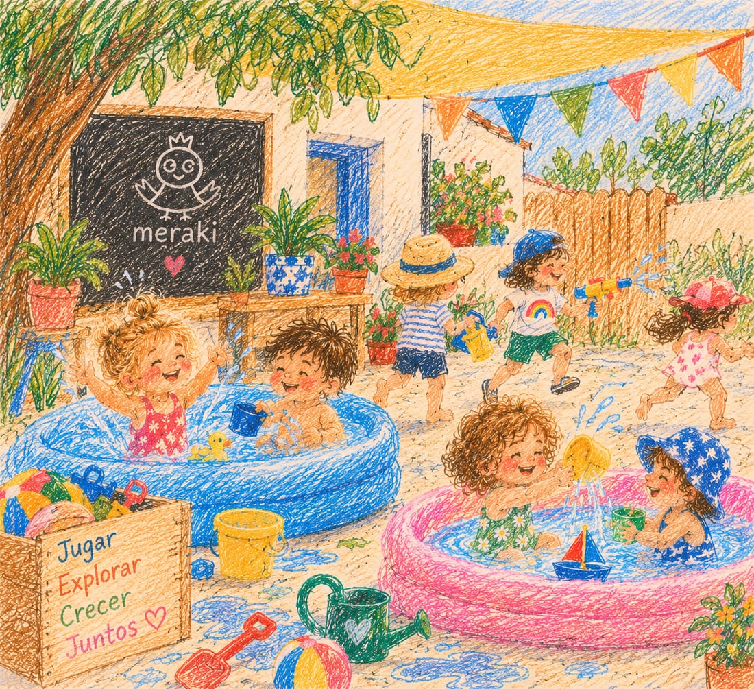 Ilustración del patio en verano: niños jugando en dos piscinas hinchables, otros corriendo con regaderas bajo una guirnalda de banderines. Al fondo, una pizarra con el logo y la palabra «meraki»; en primer plano, una caja de juguetes con las palabras «Jugar, explorar, crecer, juntos»