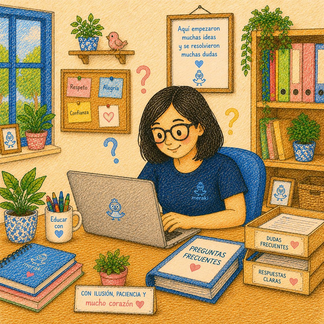 Ilustración de una educadora de Meraki respondiendo preguntas en el ordenador, con el libro de preguntas frecuentes y las carpetas de dudas y respuestas sobre la mesa
