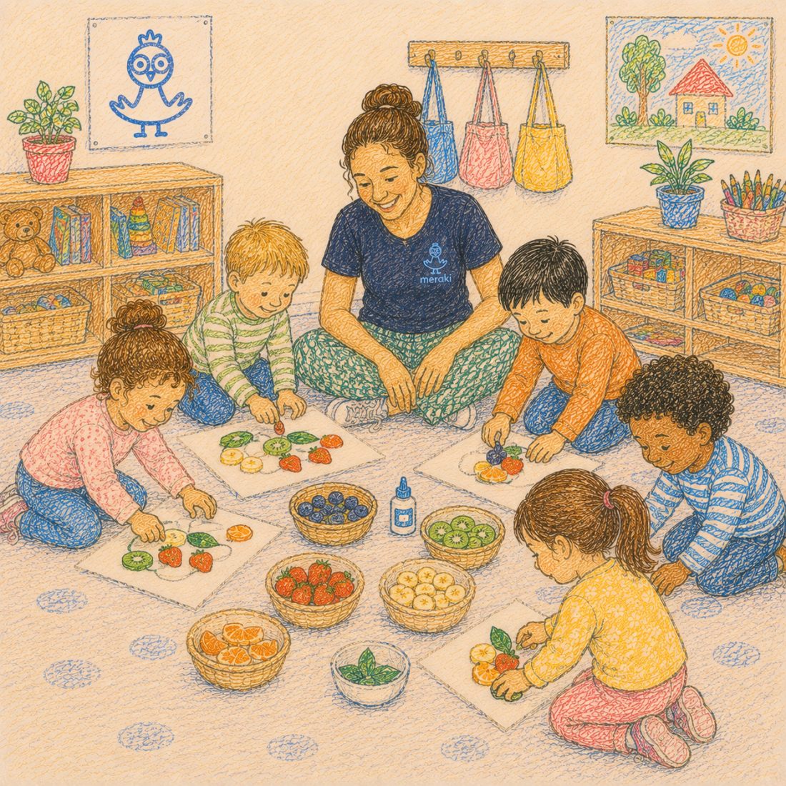 Ilustración a lápiz de color: una educadora de Meraki sentada en el suelo con cinco niños, que clasifican fruta sobre láminas repartidas por la alfombra