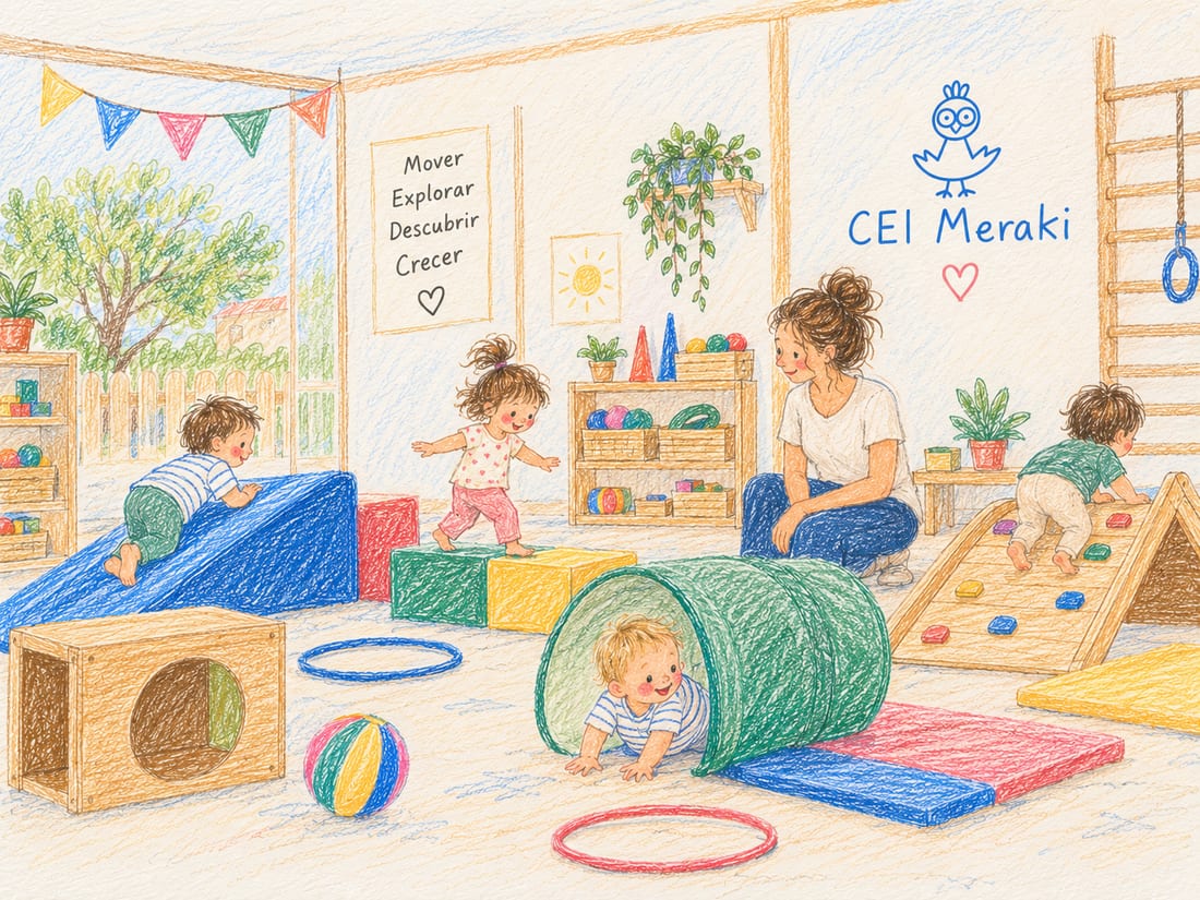 Ilustración de una sala de psicomotricidad con rampa y bloques de espuma, un túnel de tela, colchonetas y una espaldera. Varios niños trepan y gatean mientras una educadora los acompaña agachada. En la pared, un cartel con las palabras «Mover, explorar, descubrir, crecer» y el logo con el rótulo «CEI Meraki»