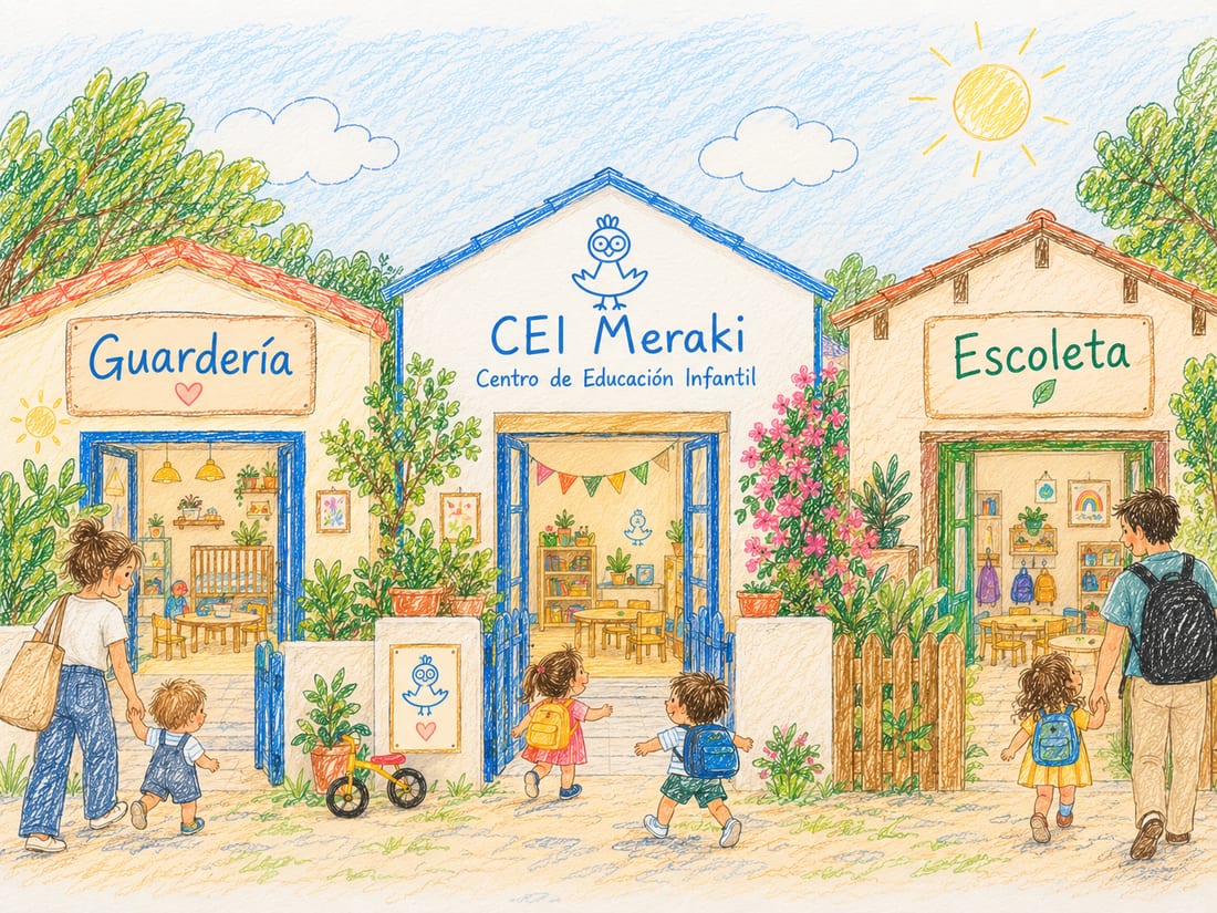 Ilustración de tres edificios iguales uno al lado de otro, rotulados «Guardería», «CEI Meraki · Centro de Educación Infantil» y «Escoleta». El del medio tiene la puerta abierta y varias familias entran con sus hijos