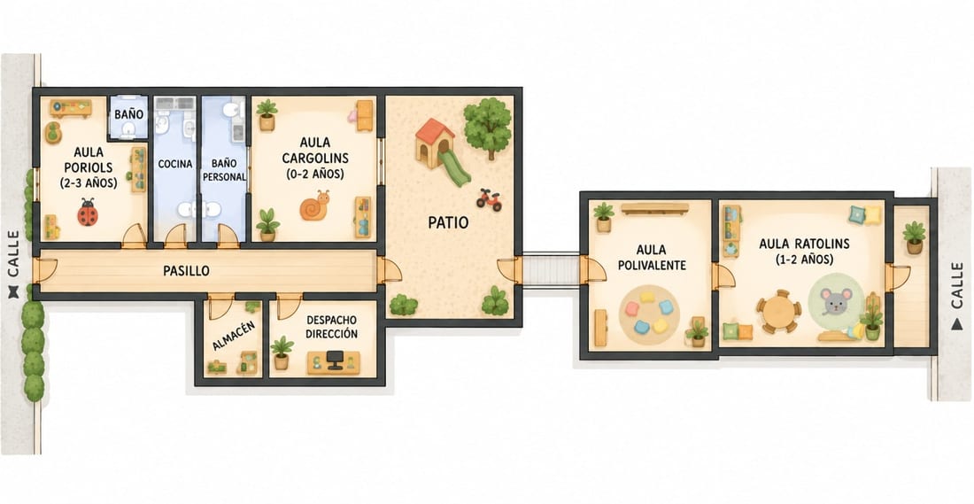 Plano esquemático de Meraki con el aula de Poriols, los baños, la cocina, el aula de Cargolins, el patio, el pasillo, el almacén, el despacho de dirección, el aula polivalente y el aula de Ratolins, con el nombre de cada espacio rotulado en el plano